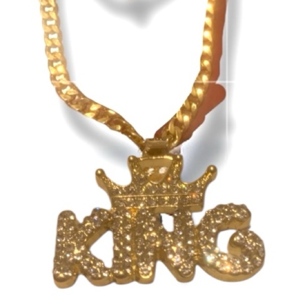 NEW Men’s Gold and Silver KING Statement Pendant Necklace Cuban Rapper style NWT